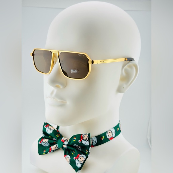 Prada Sunglasses PRA53S Iconic metal plaque Opaque Gold Frame brown lenses - Picture 1 of 15
